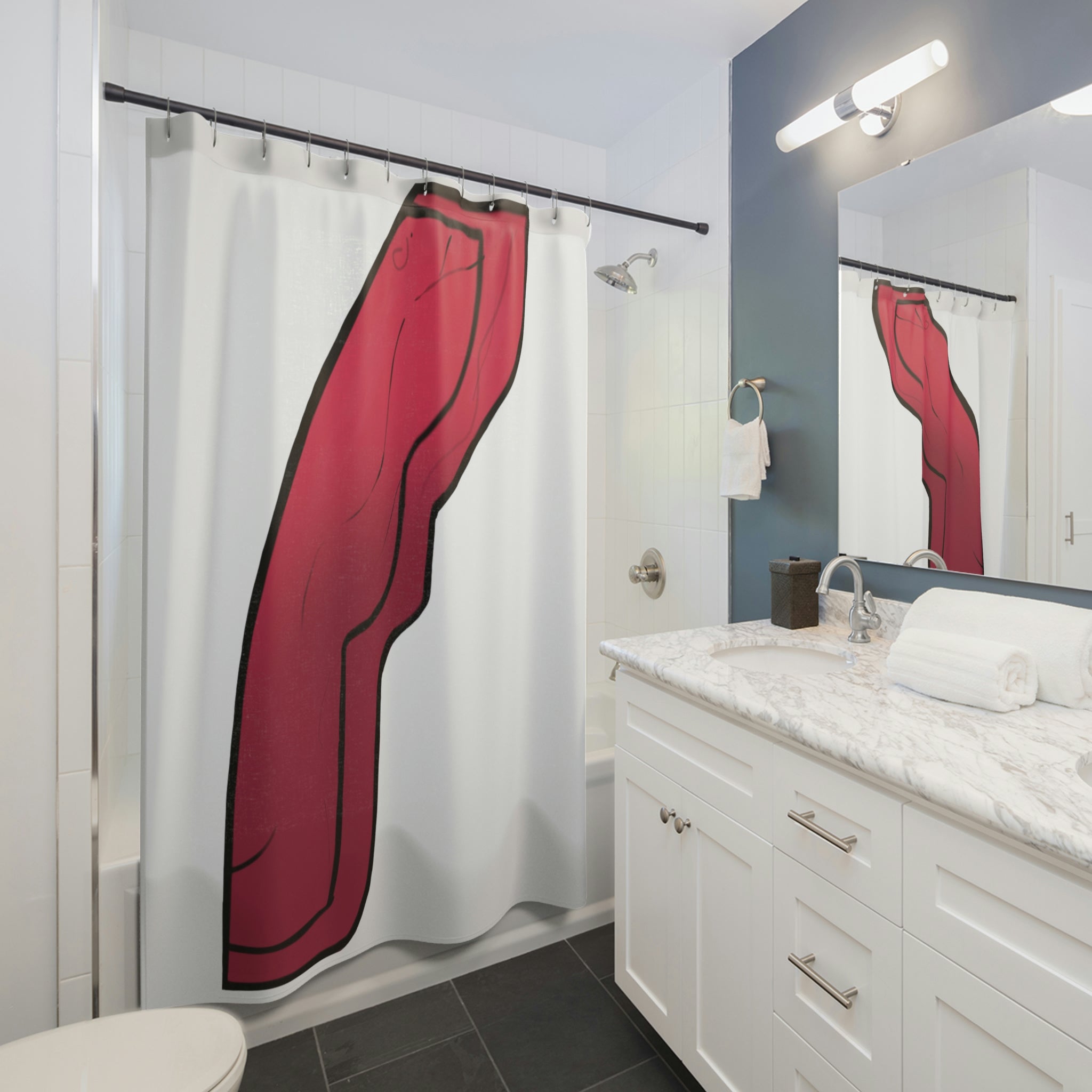 A vibrant Rock Shower Curtain made of durable polyester featuring a unique custom design, perfect for enhancing bathroom decor.