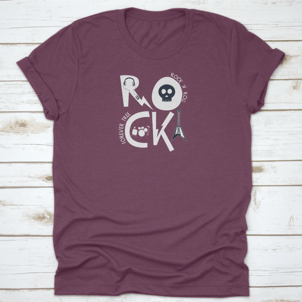 A trendy Rock Slogan T-Shirt featuring music elements, made from 100% cotton, showcasing a stylish design perfect for music lovers.