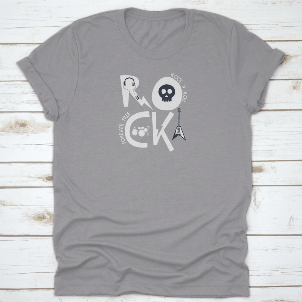 A trendy Rock Slogan T-Shirt featuring music elements, made from 100% cotton, showcasing a stylish design perfect for music lovers.