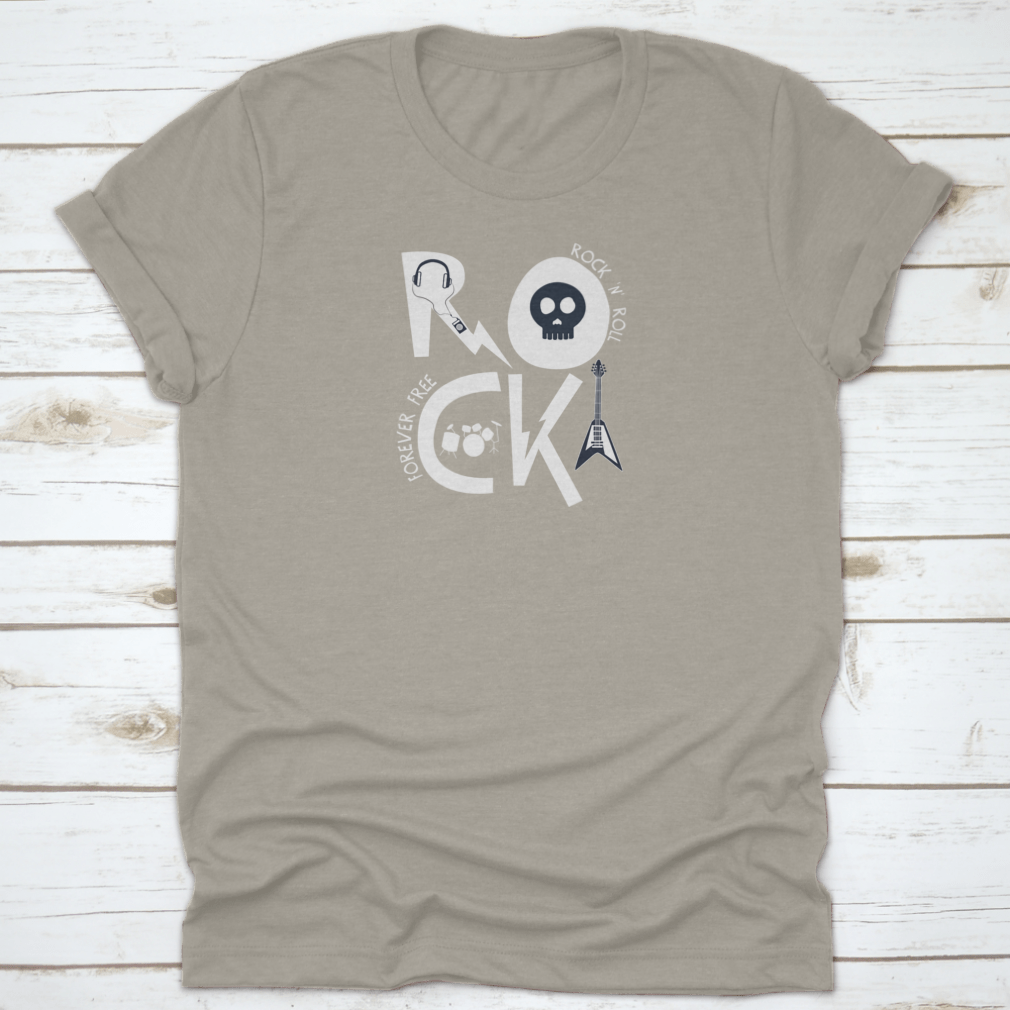 A trendy Rock Slogan T-Shirt featuring music elements, made from 100% cotton, showcasing a stylish design perfect for music lovers.