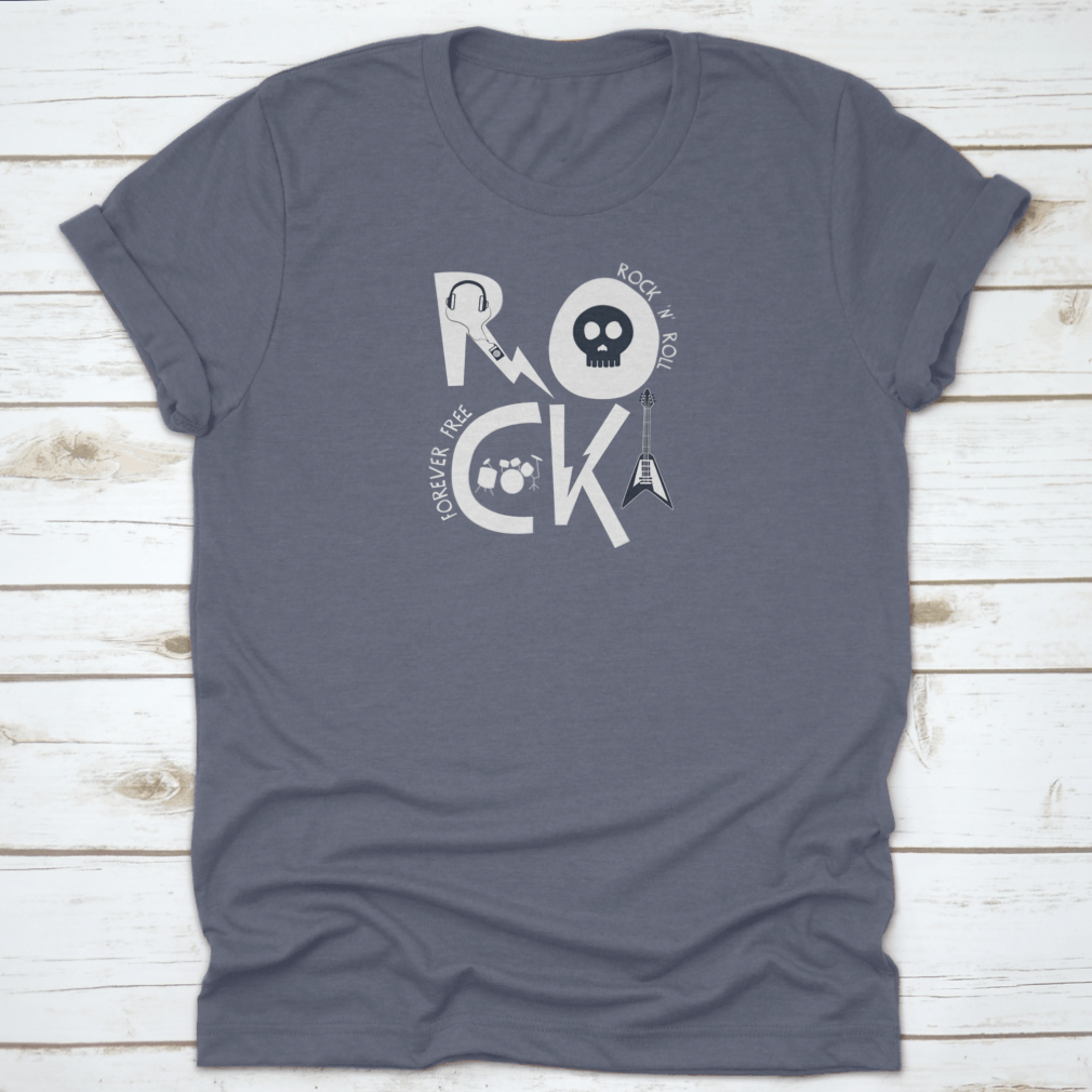 A trendy Rock Slogan T-Shirt featuring music elements, made from 100% cotton, showcasing a stylish design perfect for music lovers.