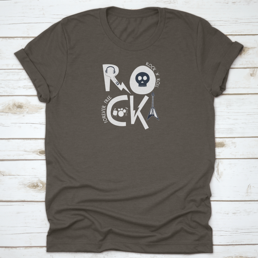 A trendy Rock Slogan T-Shirt featuring music elements, made from 100% cotton, showcasing a stylish design perfect for music lovers.