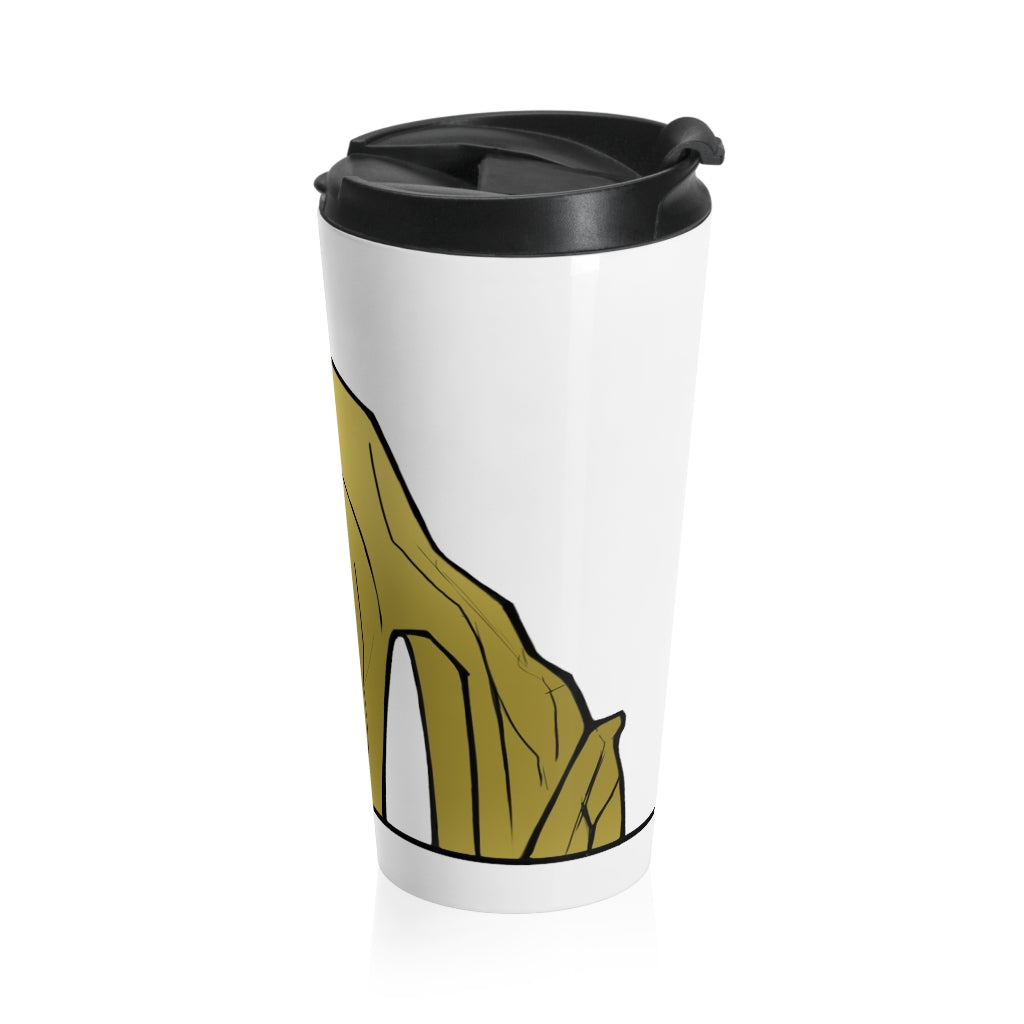 Rock Stainless Steel Travel Mug with black plastic lid, featuring a sleek design and vibrant sublimation printing.