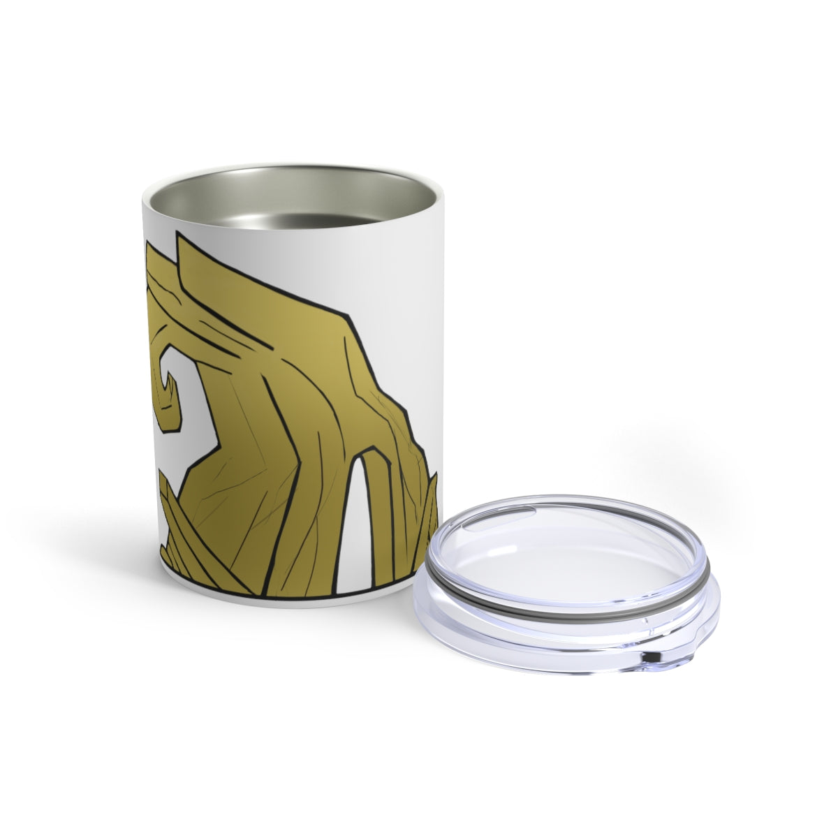 Rock Tumbler 10oz made of stainless steel with a see-thru plastic lid, showcasing its sleek design and rounded corners.