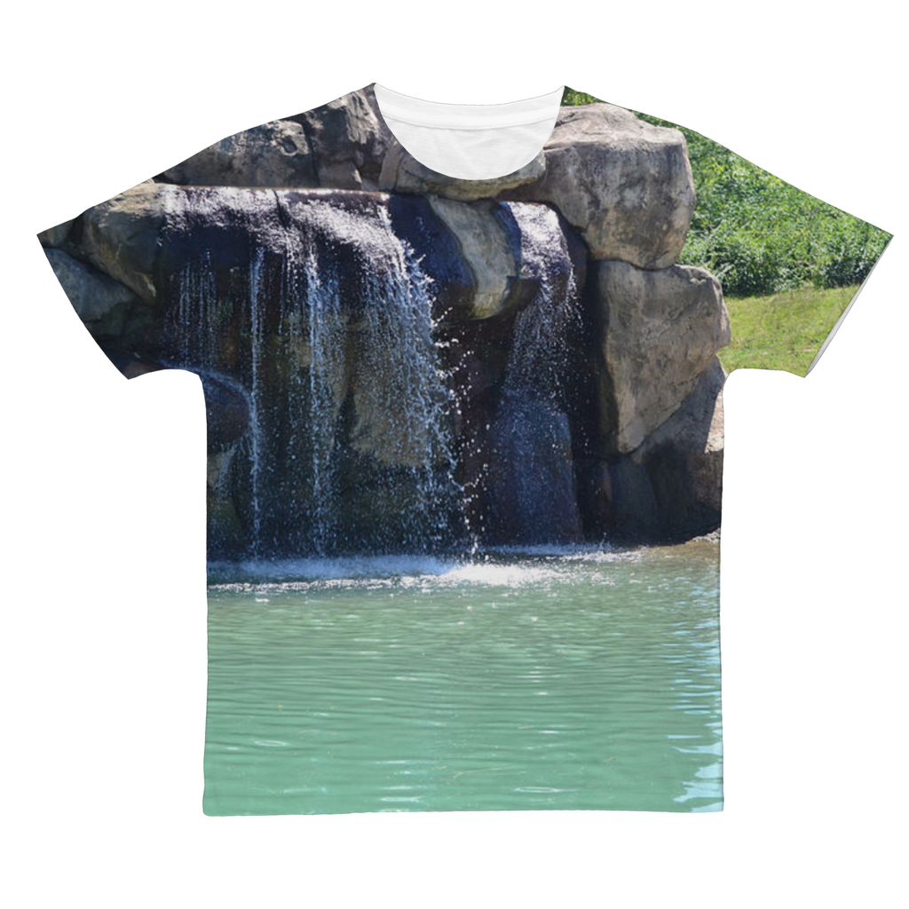 Rock Waterfall Classic Sublimation Adult T-Shirt in vibrant colors, showcasing its soft polyester fabric and sublimation printing design.