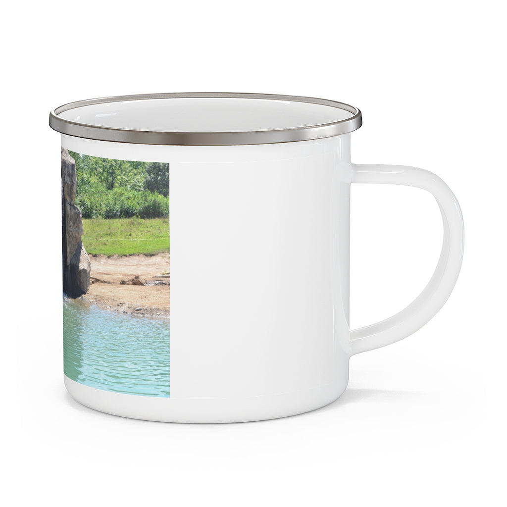 Rock Waterfall Enamel Camping Mug with a stylish design, featuring a C-handle and rounded corners, perfect for outdoor use.