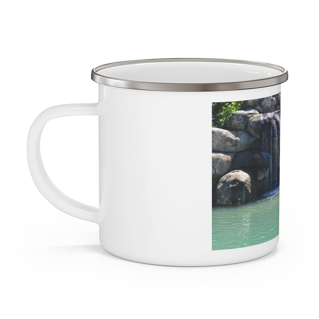 Rock Waterfall Enamel Camping Mug with a stylish design, featuring a C-handle and rounded corners, perfect for outdoor use.