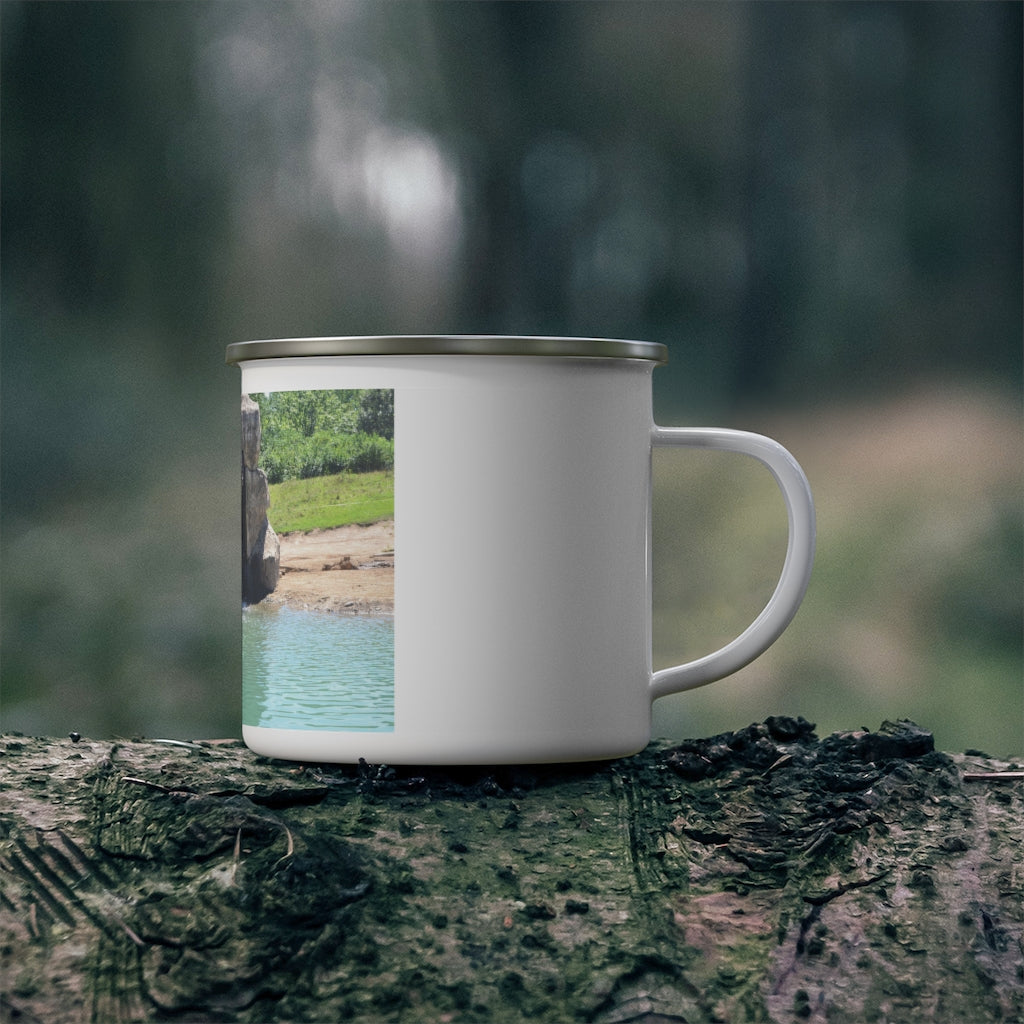 Rock Waterfall Enamel Camping Mug with a stylish design, featuring a C-handle and rounded corners, perfect for outdoor use.