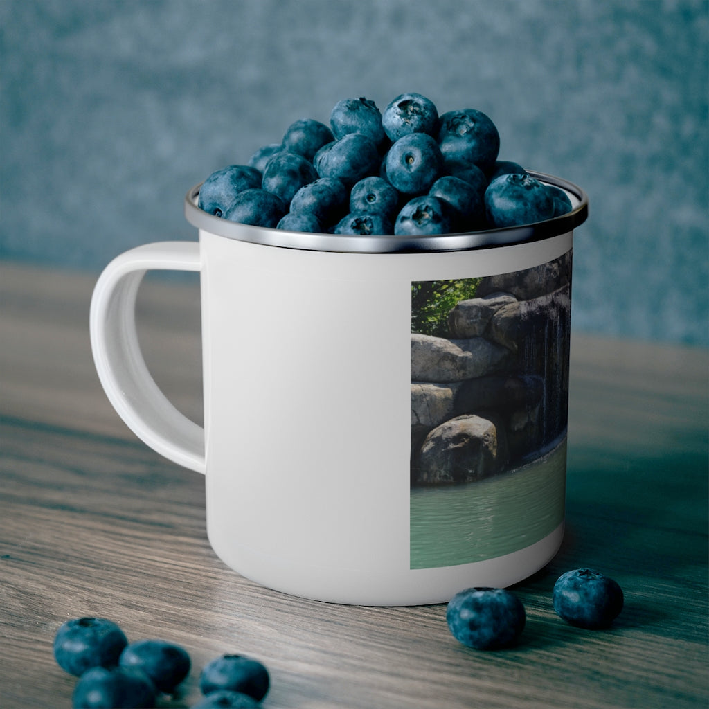 Rock Waterfall Enamel Camping Mug with a stylish design, featuring a C-handle and rounded corners, perfect for outdoor use.
