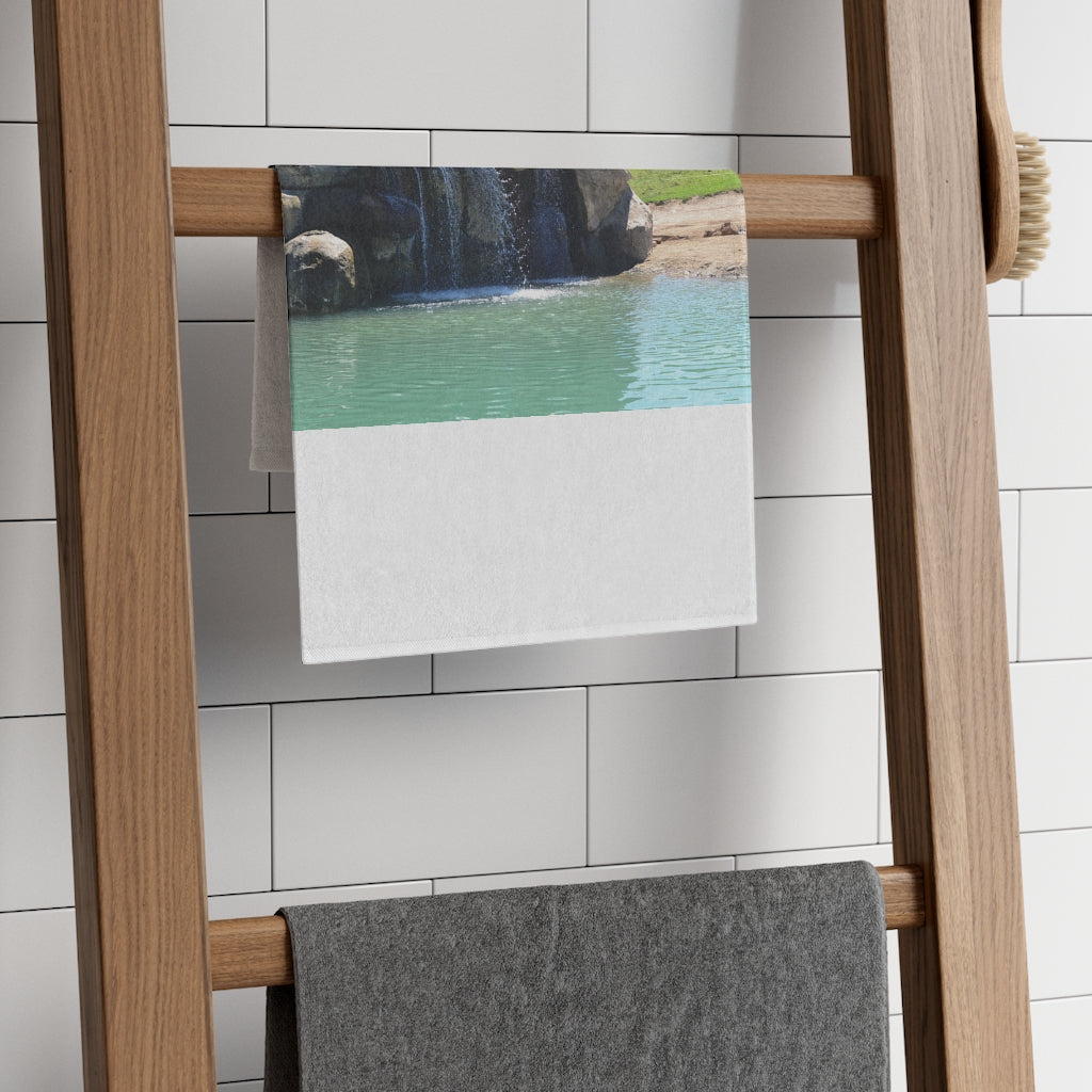 Rock Waterfall Rally Towel measuring 11x18 inches, featuring a soft printed mink polyester front and absorbent cotton loop backing.