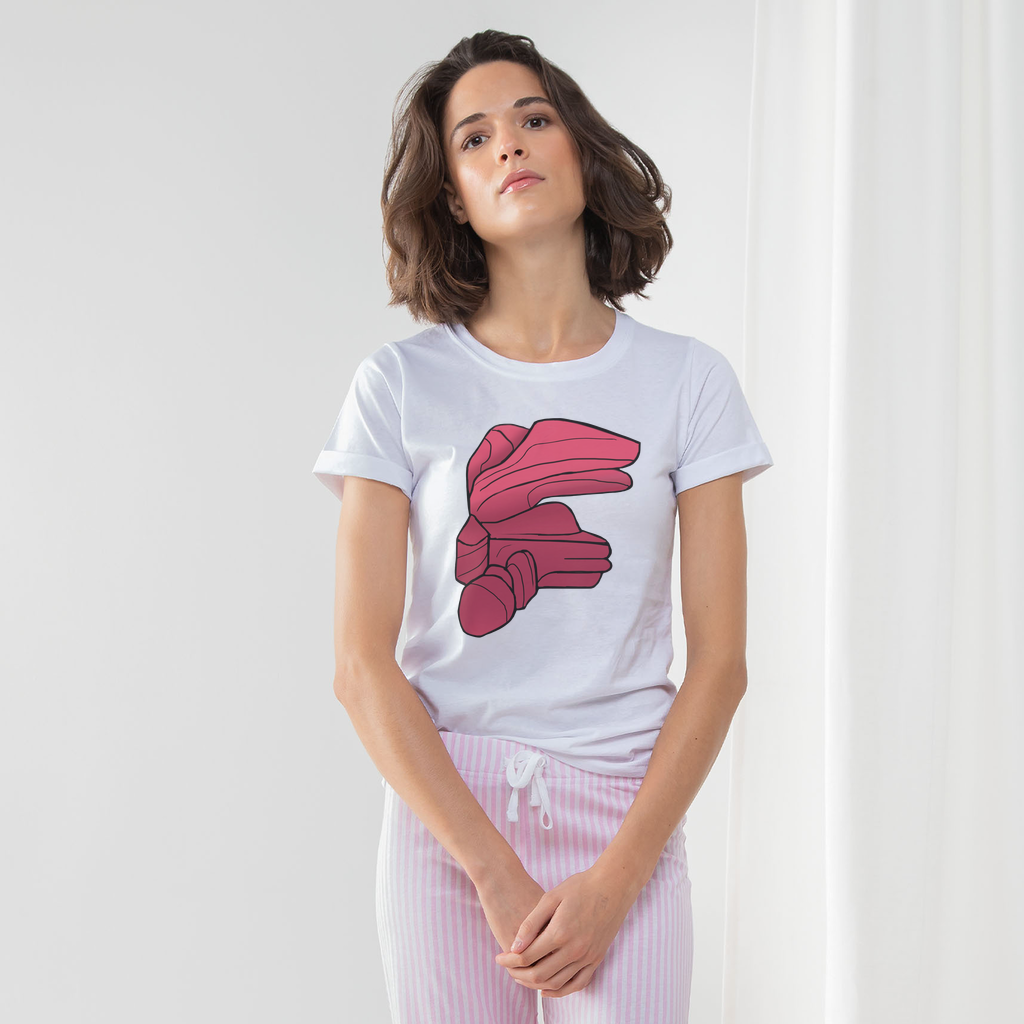 Rock Women's Long Pant Pyjama Set featuring a white t-shirt, striped pants in heather grey or light pink, and a matching drawcord bag.