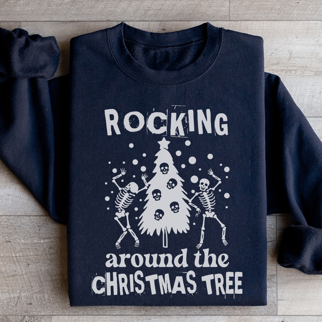 A cozy Rocking Around The Christmas Tree Sweatshirt featuring a festive design, made from 100% soft cotton, perfect for holiday celebrations.