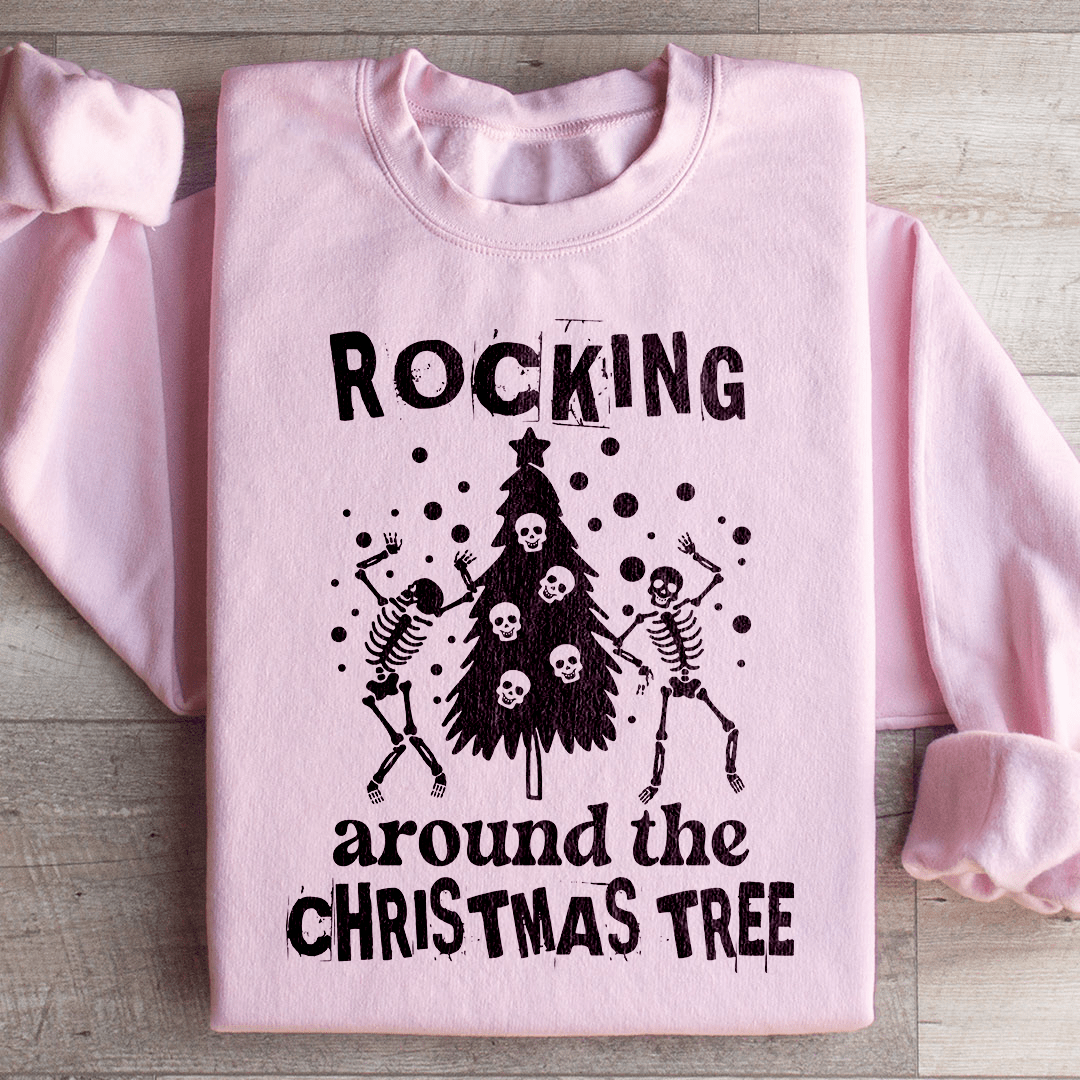 A cozy Rocking Around The Christmas Tree Sweatshirt featuring a festive design, made from 100% soft cotton, perfect for holiday celebrations.