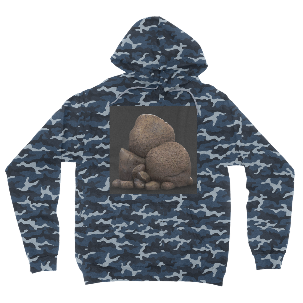 Rocks Camouflage Adult Hoodie featuring a classic camo print, double fabric hood, and kangaroo pouch pocket.