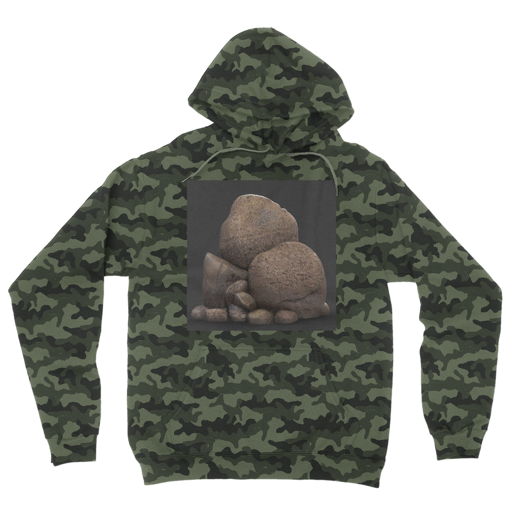 Rocks Camouflage Adult Hoodie featuring a classic camo print, double fabric hood, and kangaroo pouch pocket.