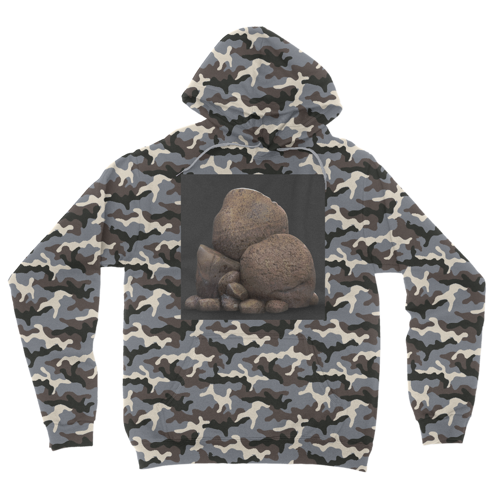 Rocks Camouflage Adult Hoodie featuring a classic camo print, double fabric hood, and kangaroo pouch pocket.