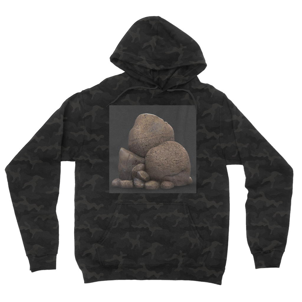 Rocks Camouflage Adult Hoodie featuring a classic camo print, double fabric hood, and kangaroo pouch pocket.