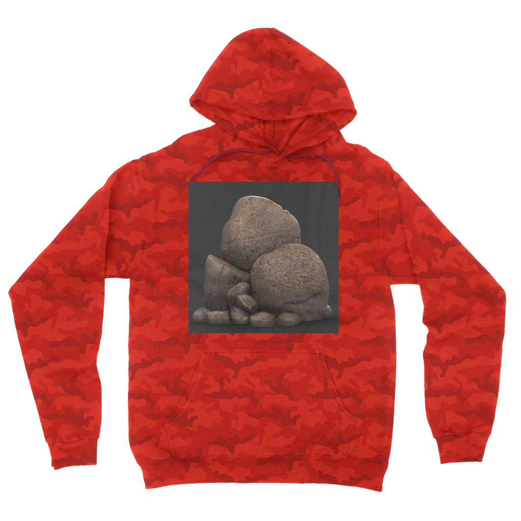 Rocks Camouflage Adult Hoodie featuring a classic camo print, double fabric hood, and kangaroo pouch pocket.