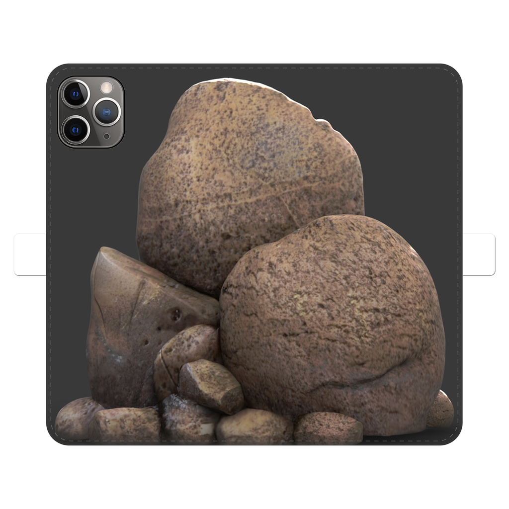 Rocks Fully Printed Wallet Case featuring vibrant UV-printed designs, magnetic closure, and slots for cards and cash, suitable for iPhone and Samsung models.