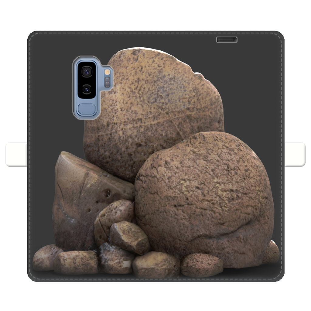 Rocks Fully Printed Wallet Case featuring vibrant UV-printed designs, magnetic closure, and slots for cards and cash, suitable for iPhone and Samsung models.