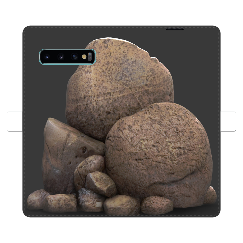 Rocks Fully Printed Wallet Case featuring vibrant UV-printed designs, magnetic closure, and slots for cards and cash, suitable for iPhone and Samsung models.