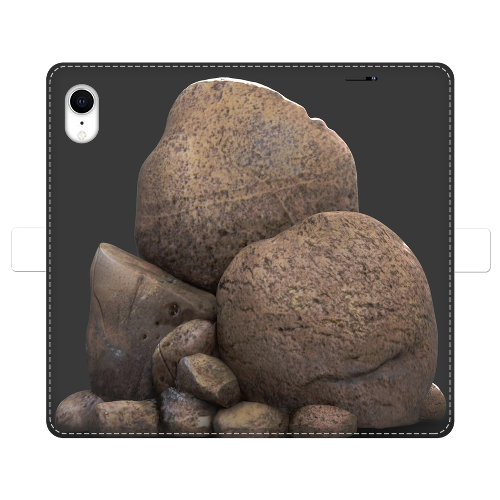 Rocks Fully Printed Wallet Case featuring vibrant UV-printed designs, magnetic closure, and slots for cards and cash, suitable for iPhone and Samsung models.