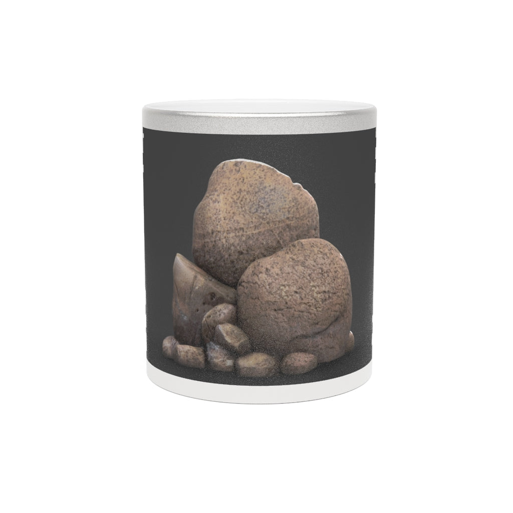 Rocks Metallic Mug in Silver and Gold finishes, showcasing personalized designs and a comfortable C-handle.