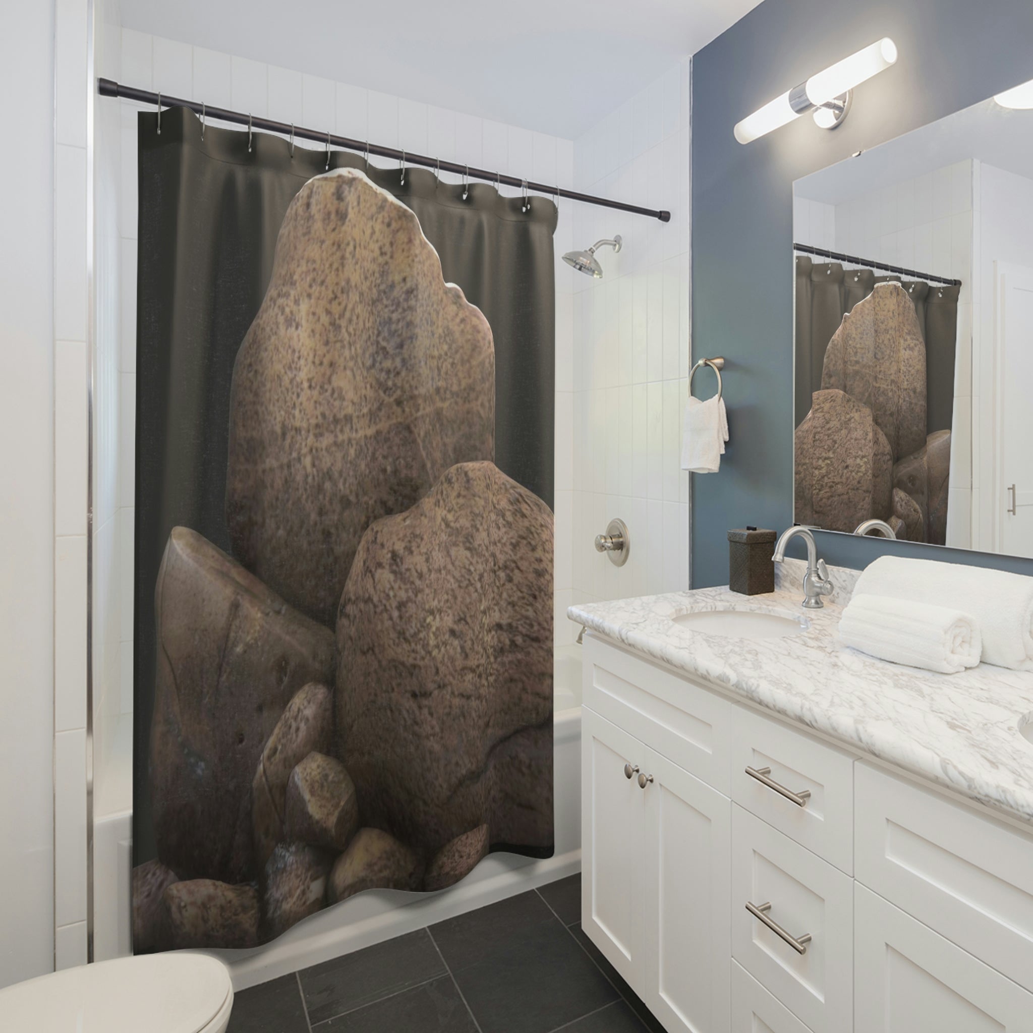 A vibrant Rocks Shower Curtain made of durable polyester, showcasing unique designs, perfect for enhancing bathroom decor.