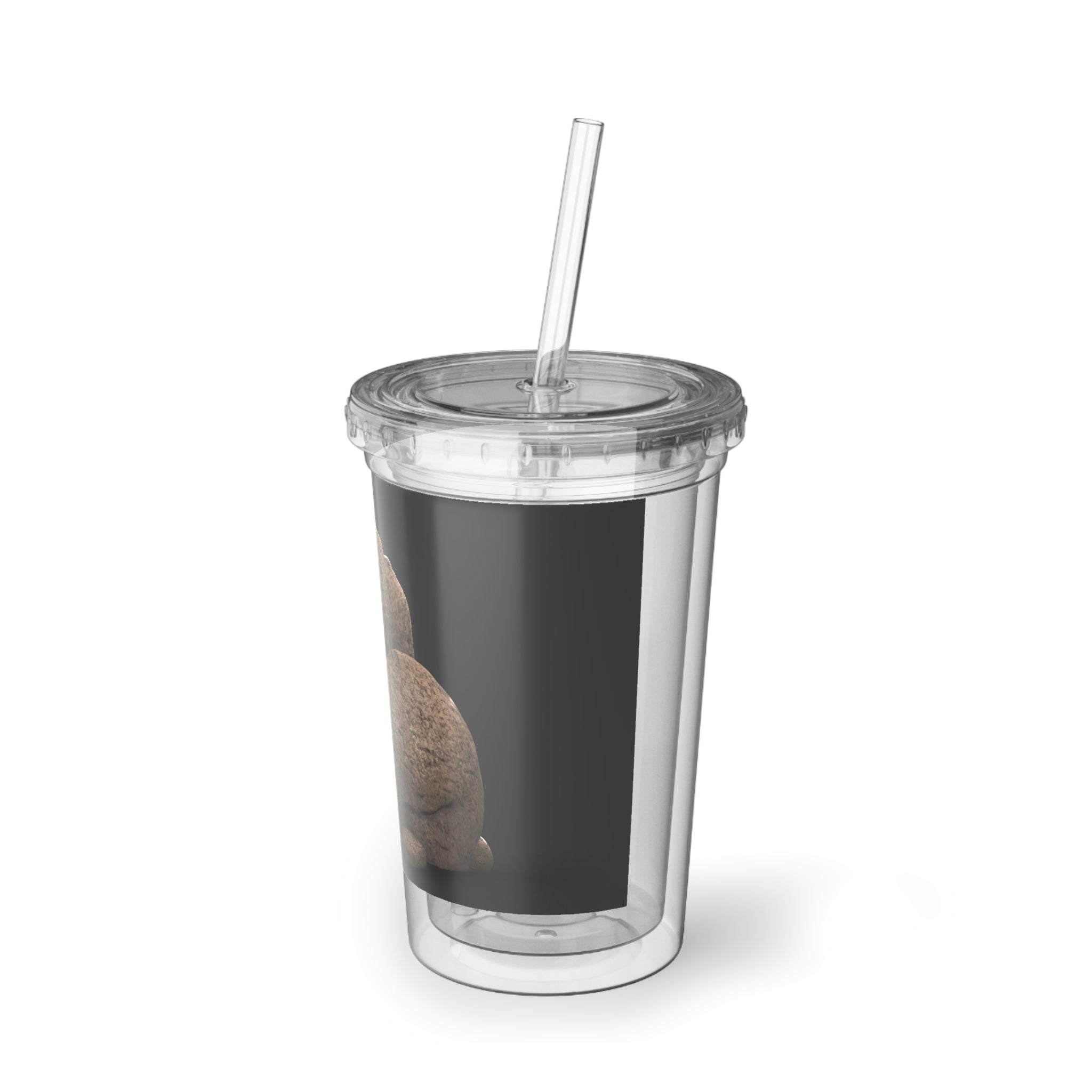 Rocks Suave Acrylic Cup in stainless steel with a black screw-on cap and plastic straw, showcasing a customizable design.
