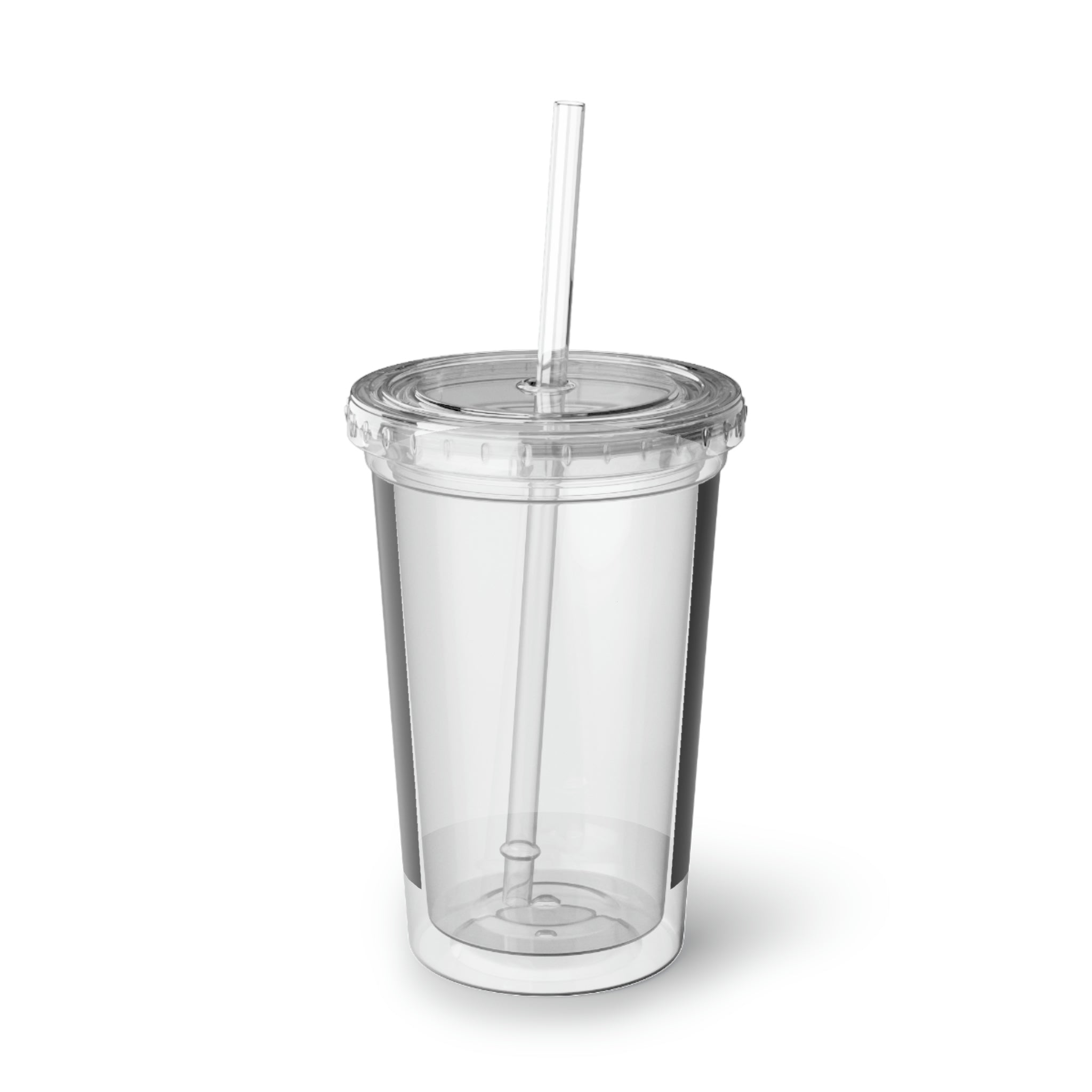 Rocks Suave Acrylic Cup in stainless steel with a black screw-on cap and plastic straw, showcasing a customizable design.