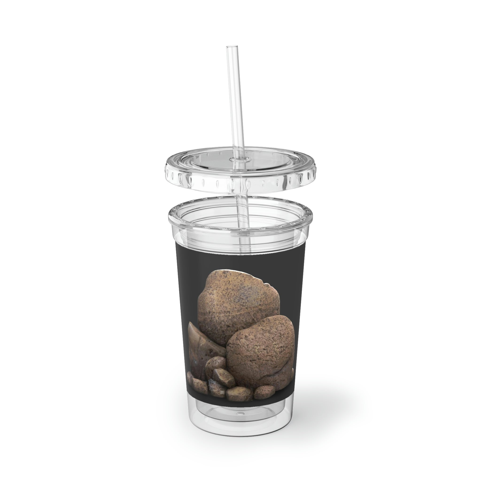 Rocks Suave Acrylic Cup in stainless steel with a black screw-on cap and plastic straw, showcasing a customizable design.