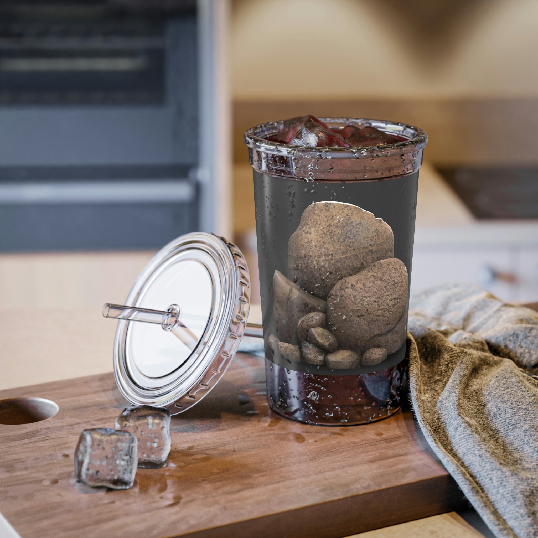 Rocks Suave Acrylic Cup in stainless steel with a black screw-on cap and plastic straw, showcasing a customizable design.