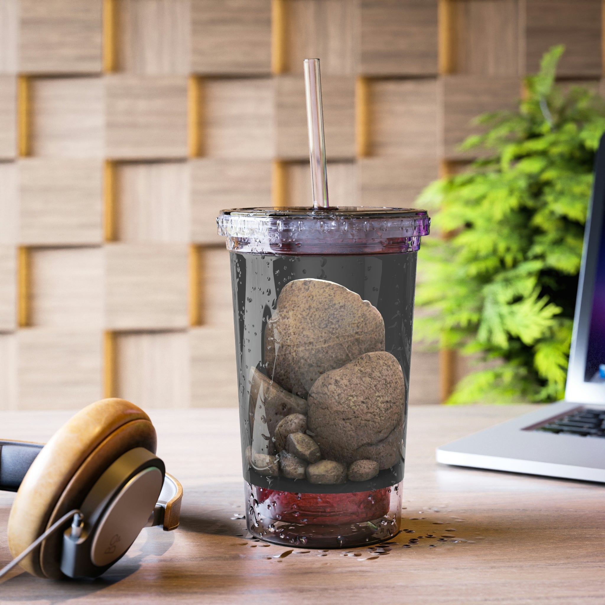 Rocks Suave Acrylic Cup in stainless steel with a black screw-on cap and plastic straw, showcasing a customizable design.