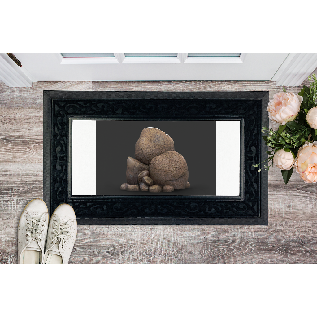 Rocks Sublimation Heavy Duty Door Mat with a stylish fabric brush border and non-slip rubber base, showcasing a customizable printable center.