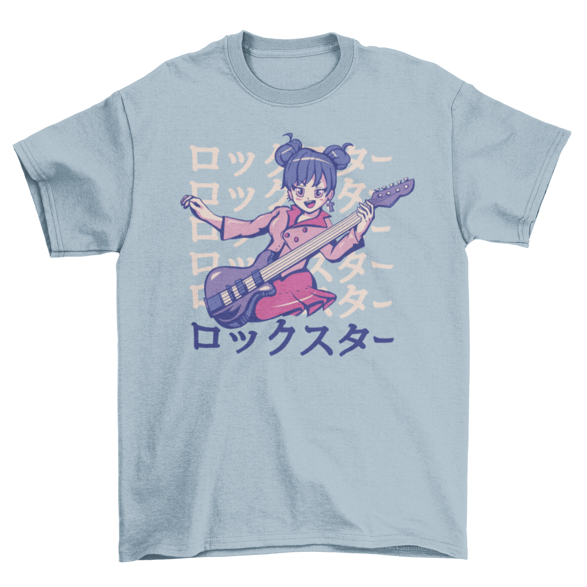 Rockstar anime girl playing guitar on a stylish t-shirt design, showcasing vibrant colors and intricate details.