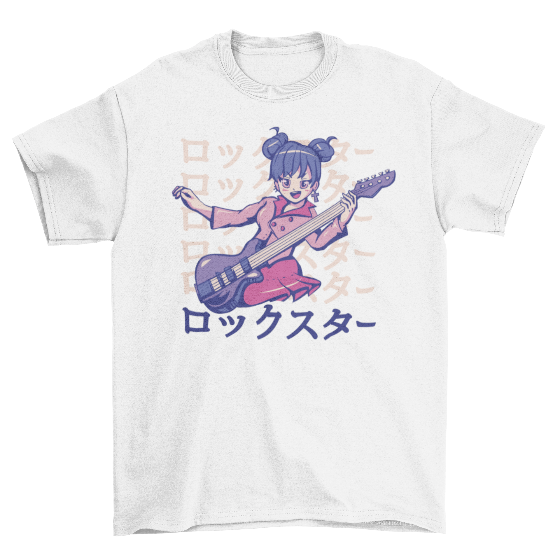Rockstar anime girl playing guitar on a stylish t-shirt design, showcasing vibrant colors and intricate details.