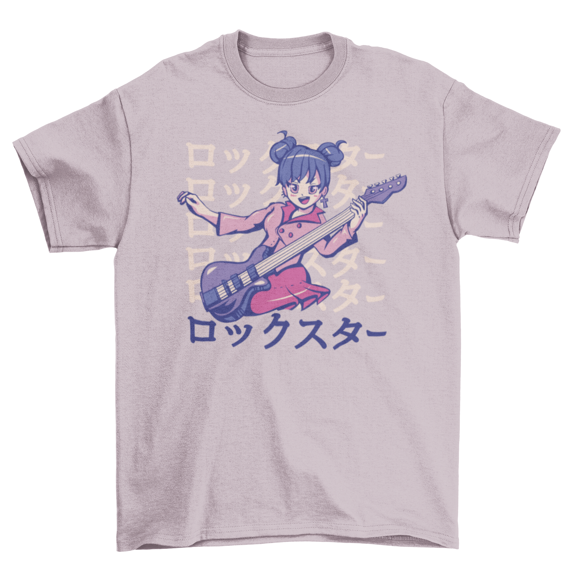 Rockstar anime girl playing guitar on a stylish t-shirt design, showcasing vibrant colors and intricate details.