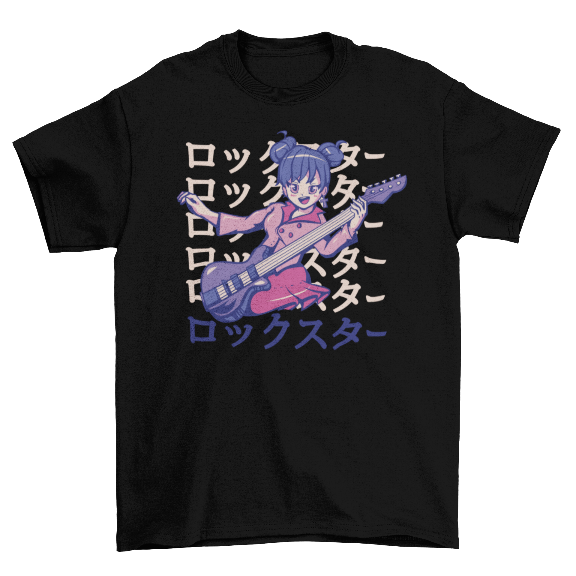 Rockstar anime girl playing guitar on a stylish t-shirt design, showcasing vibrant colors and intricate details.