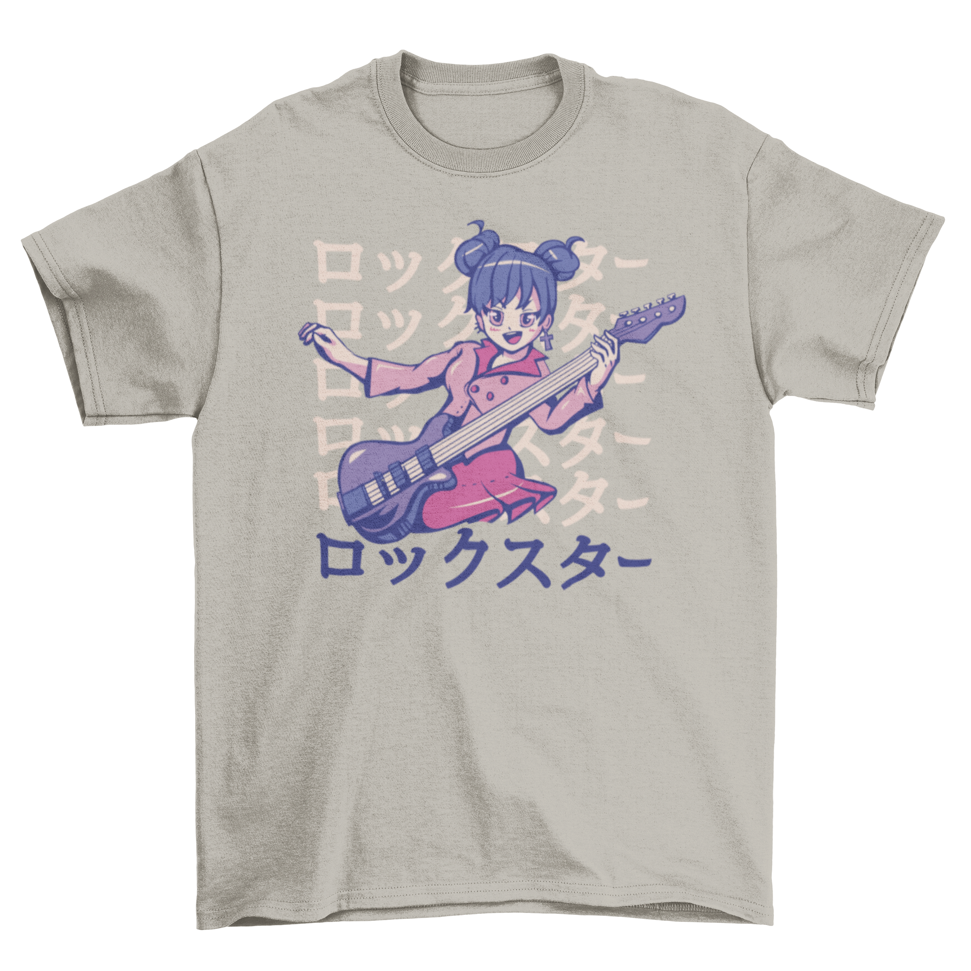 Rockstar anime girl playing guitar on a stylish t-shirt design, showcasing vibrant colors and intricate details.