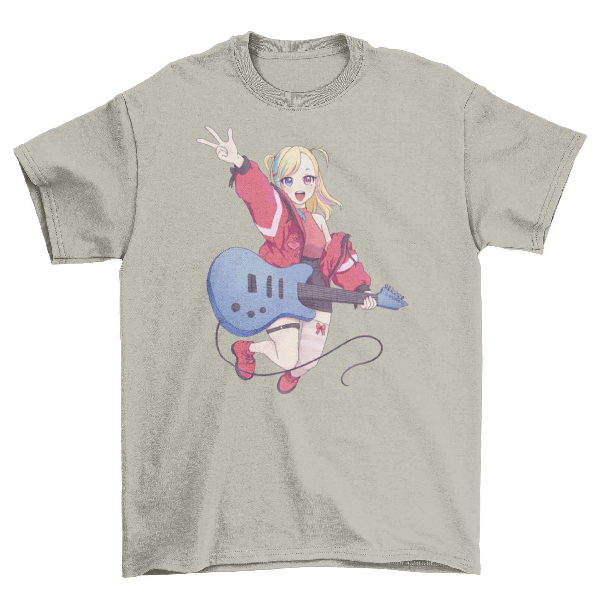 Rockstar anime girl t-shirt featuring a vibrant design of an anime girl energetically playing guitar.