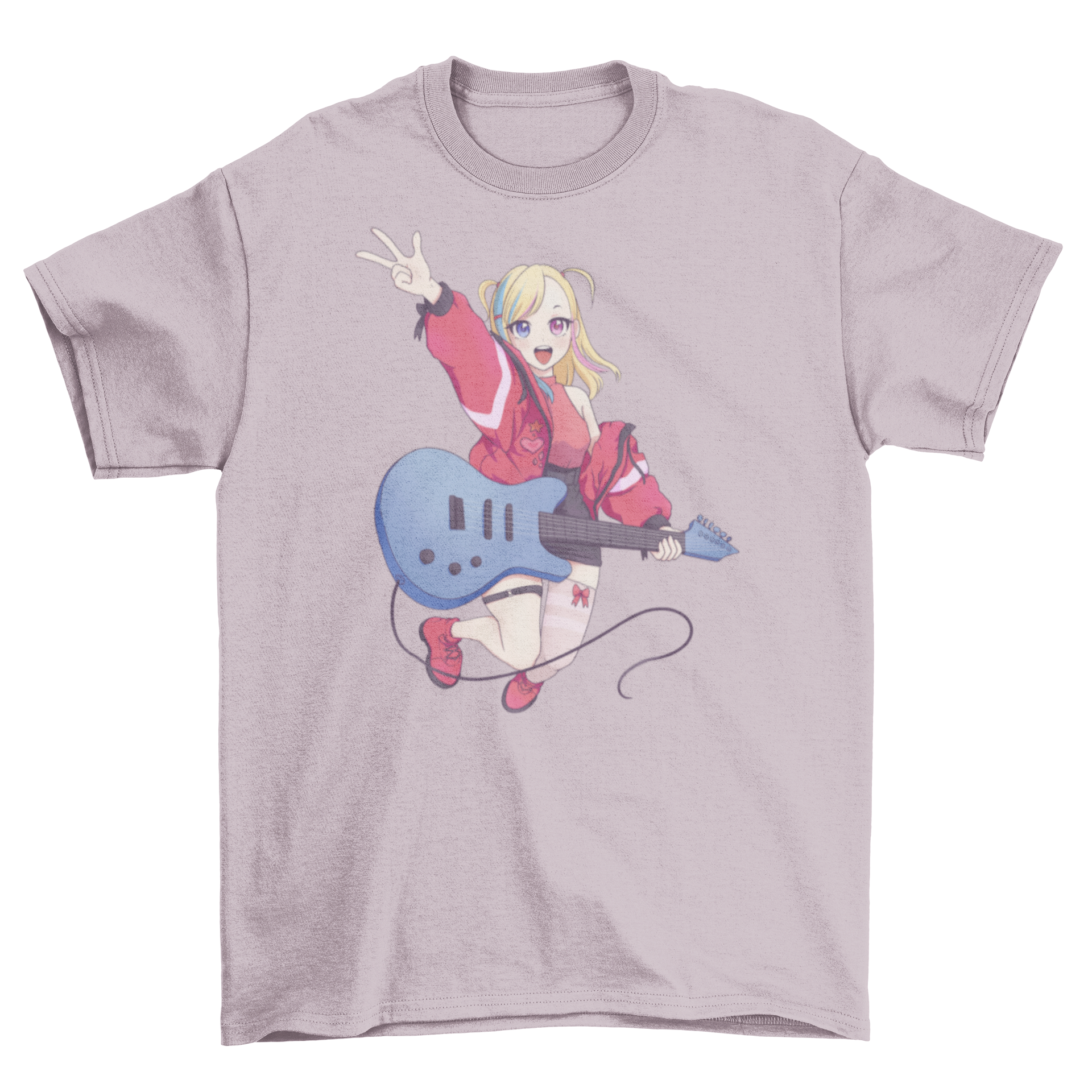 Rockstar anime girl t-shirt featuring a vibrant design of an anime girl energetically playing guitar.