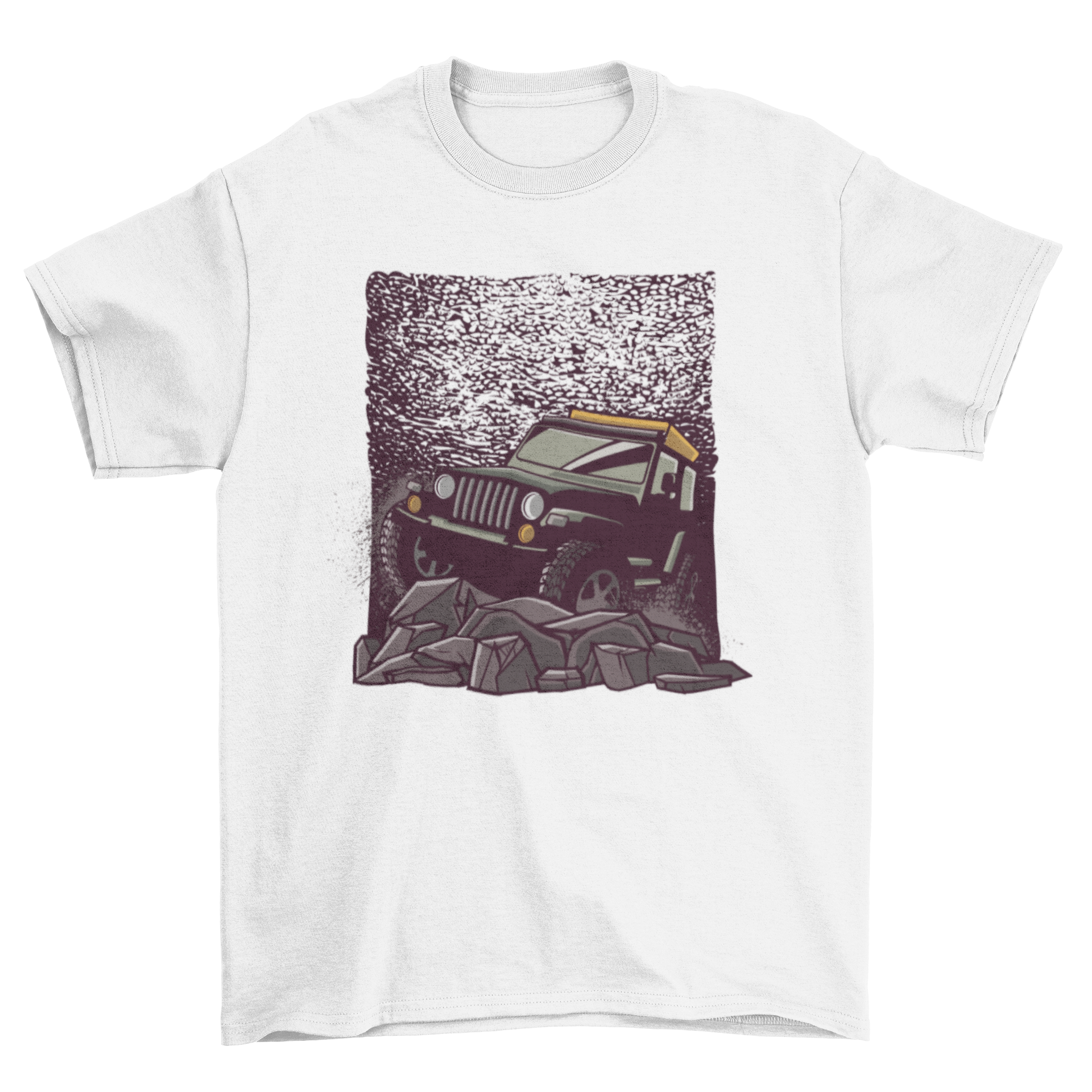 Rocky Road car T-shirt featuring a stylish car graphic on a rocky terrain background.