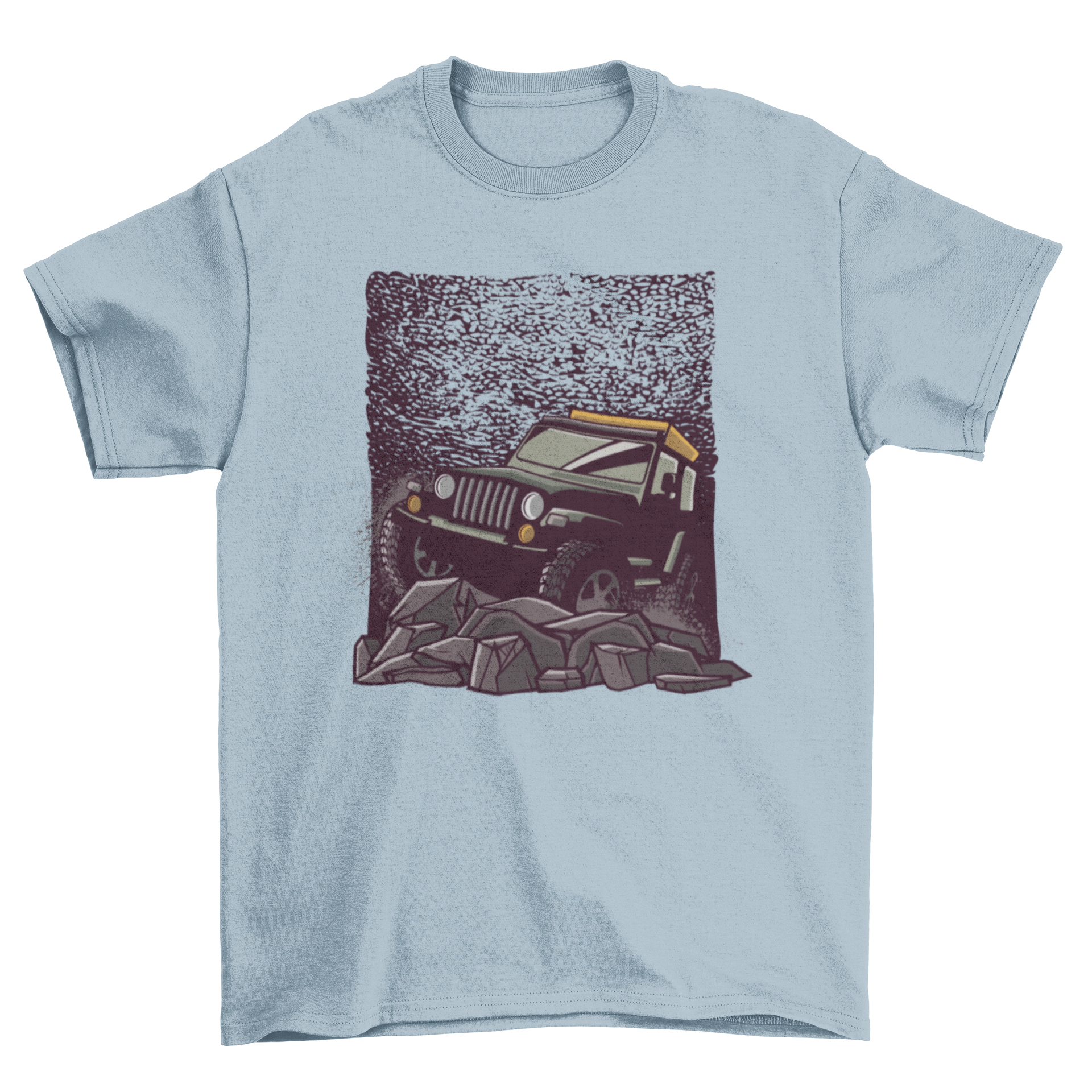 Rocky Road car T-shirt featuring a stylish car graphic on a rocky terrain background.