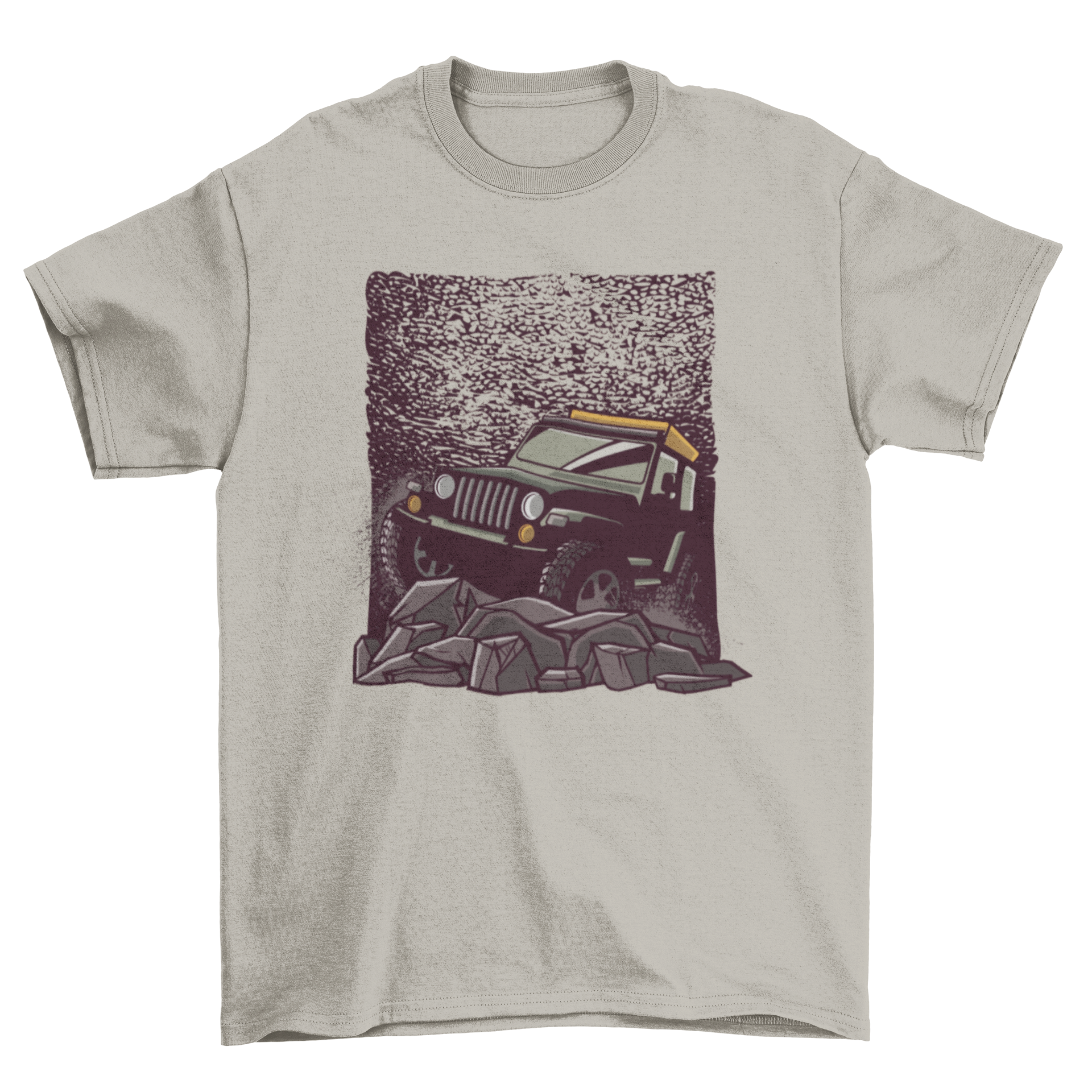 Rocky Road car T-shirt featuring a stylish car graphic on a rocky terrain background.