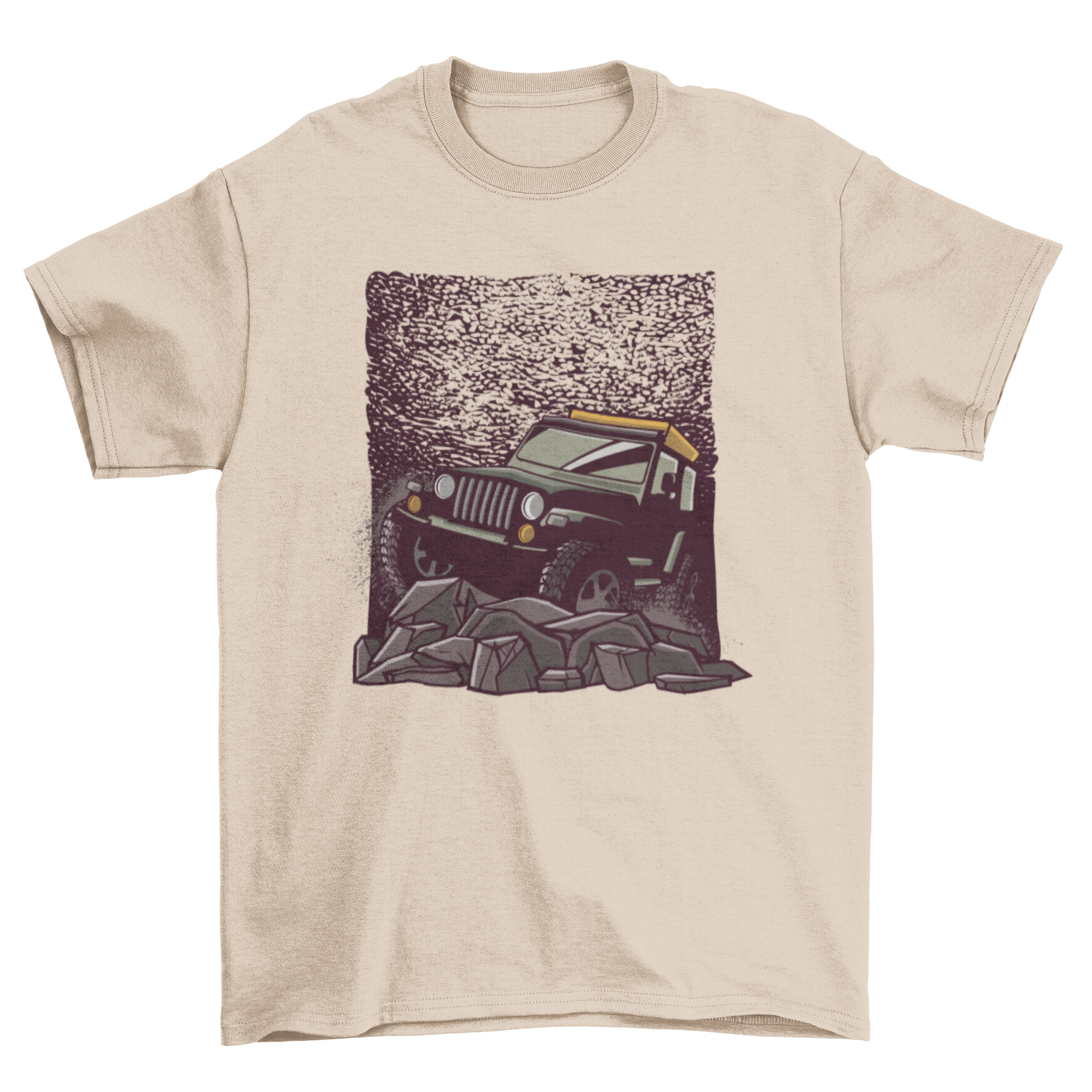Rocky Road car T-shirt featuring a stylish car graphic on a rocky terrain background.