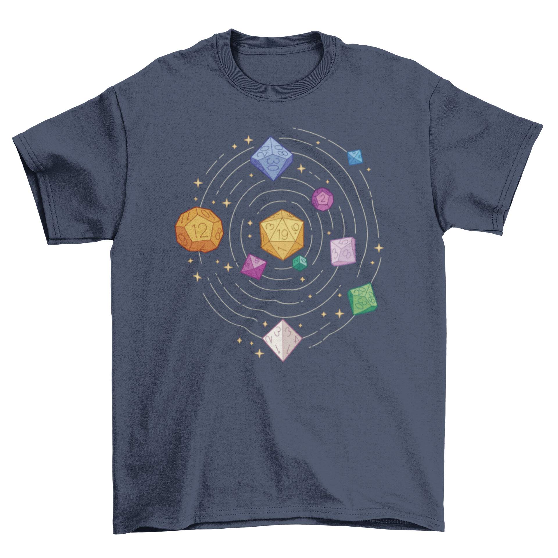 A stylish t-shirt featuring a solar system design made from colorful role playing dice, perfect for gamers and space lovers.