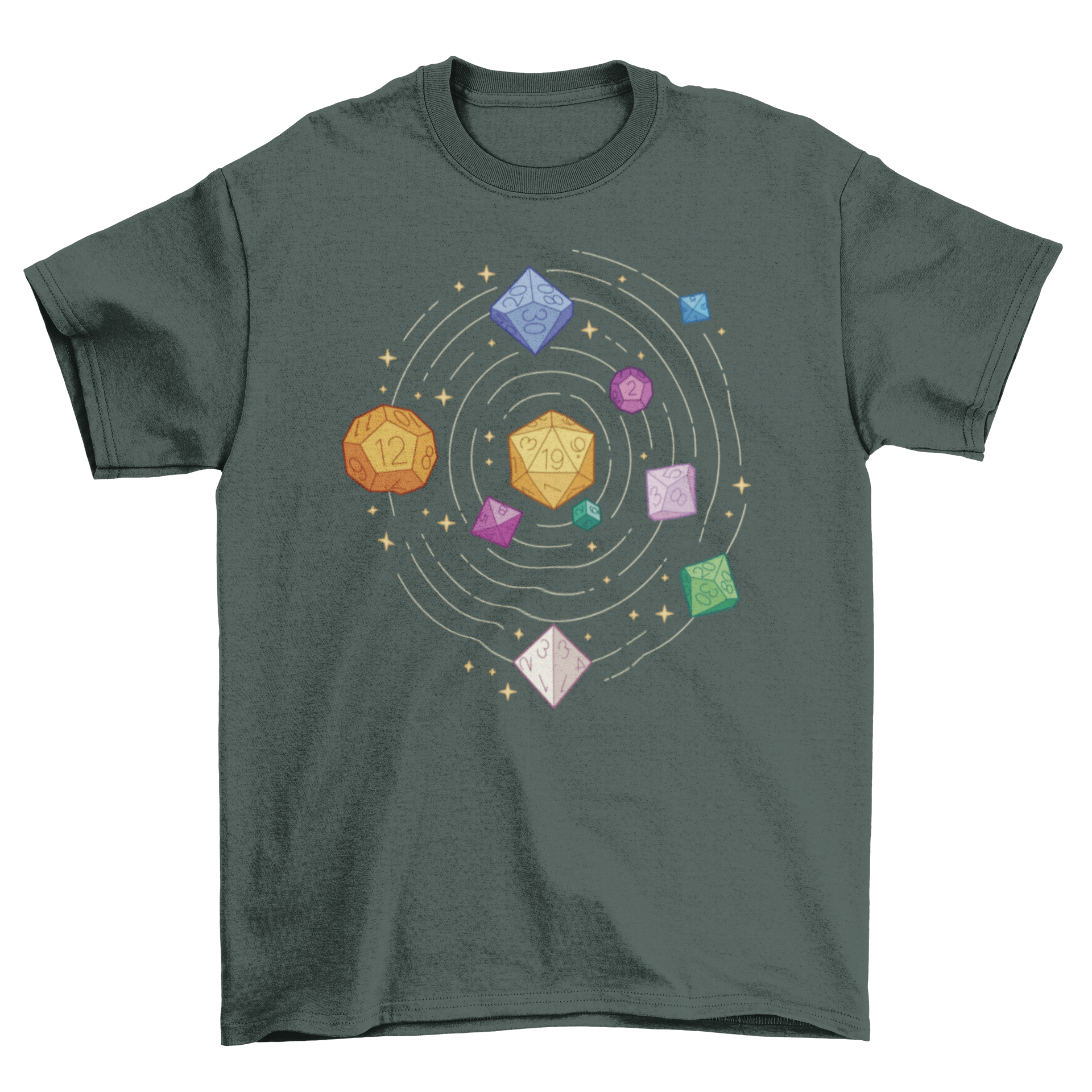 A stylish t-shirt featuring a solar system design made from colorful role playing dice, perfect for gamers and space lovers.