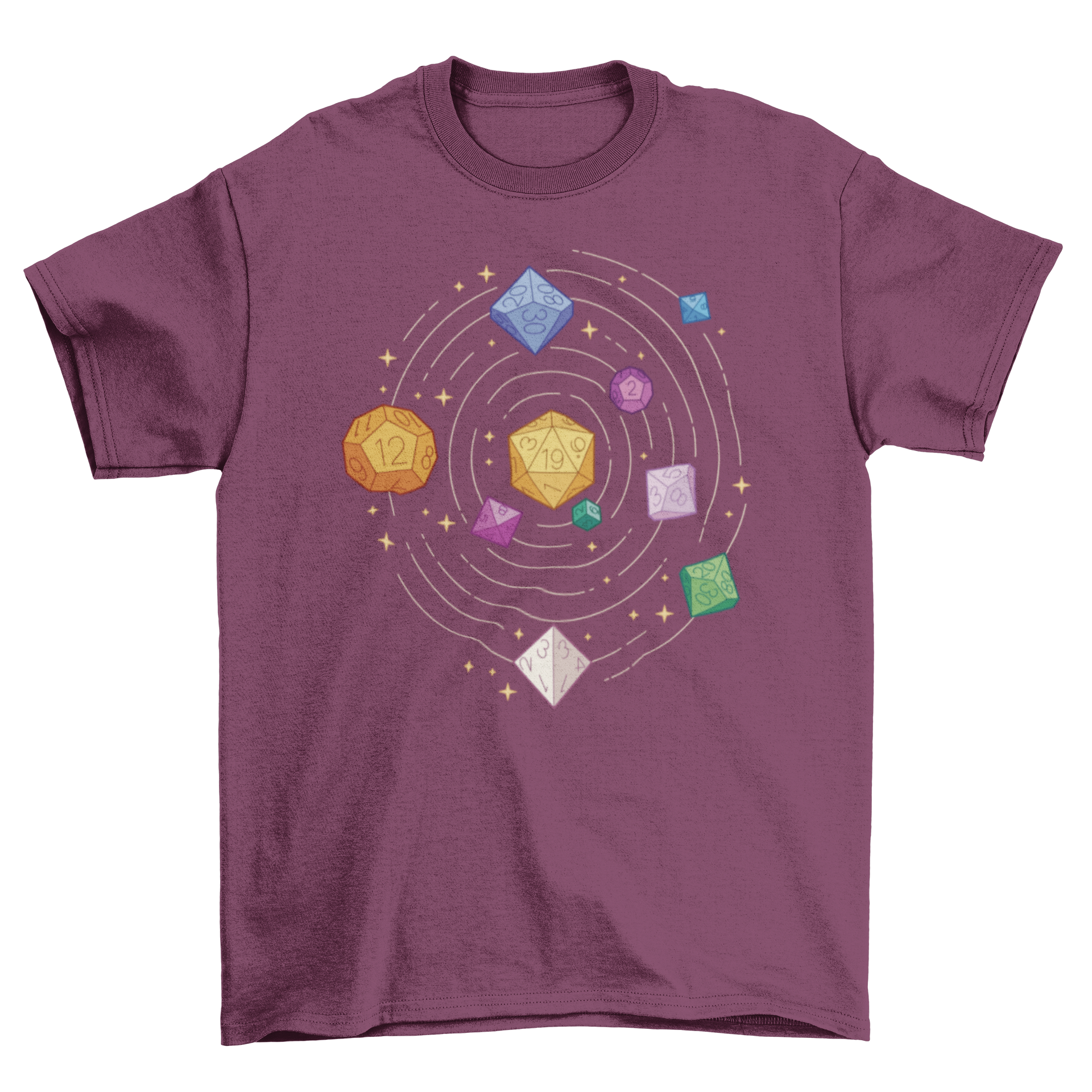 A stylish t-shirt featuring a solar system design made from colorful role playing dice, perfect for gamers and space lovers.