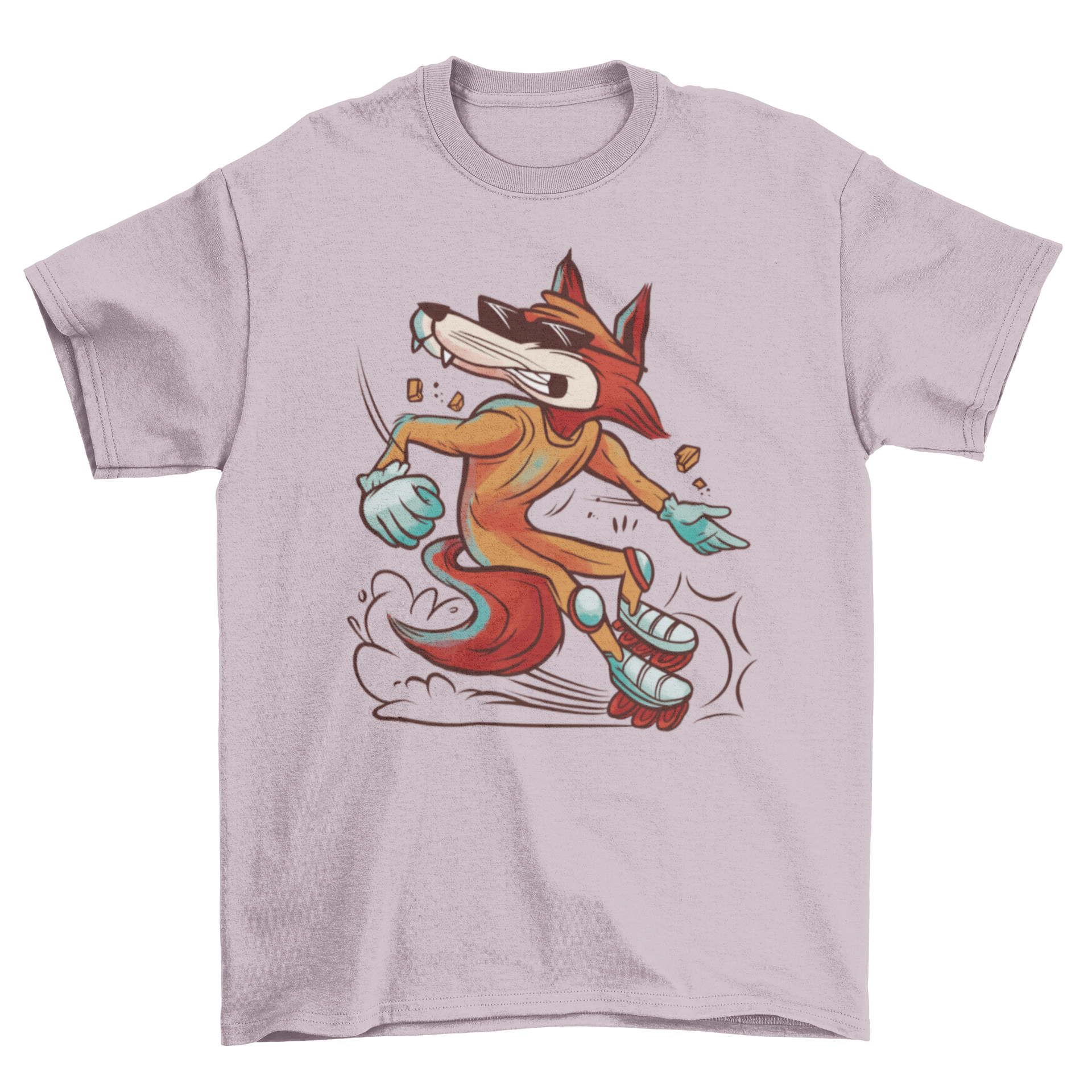 A stylish t-shirt featuring a wolf riding roller skates in a vibrant illustration.