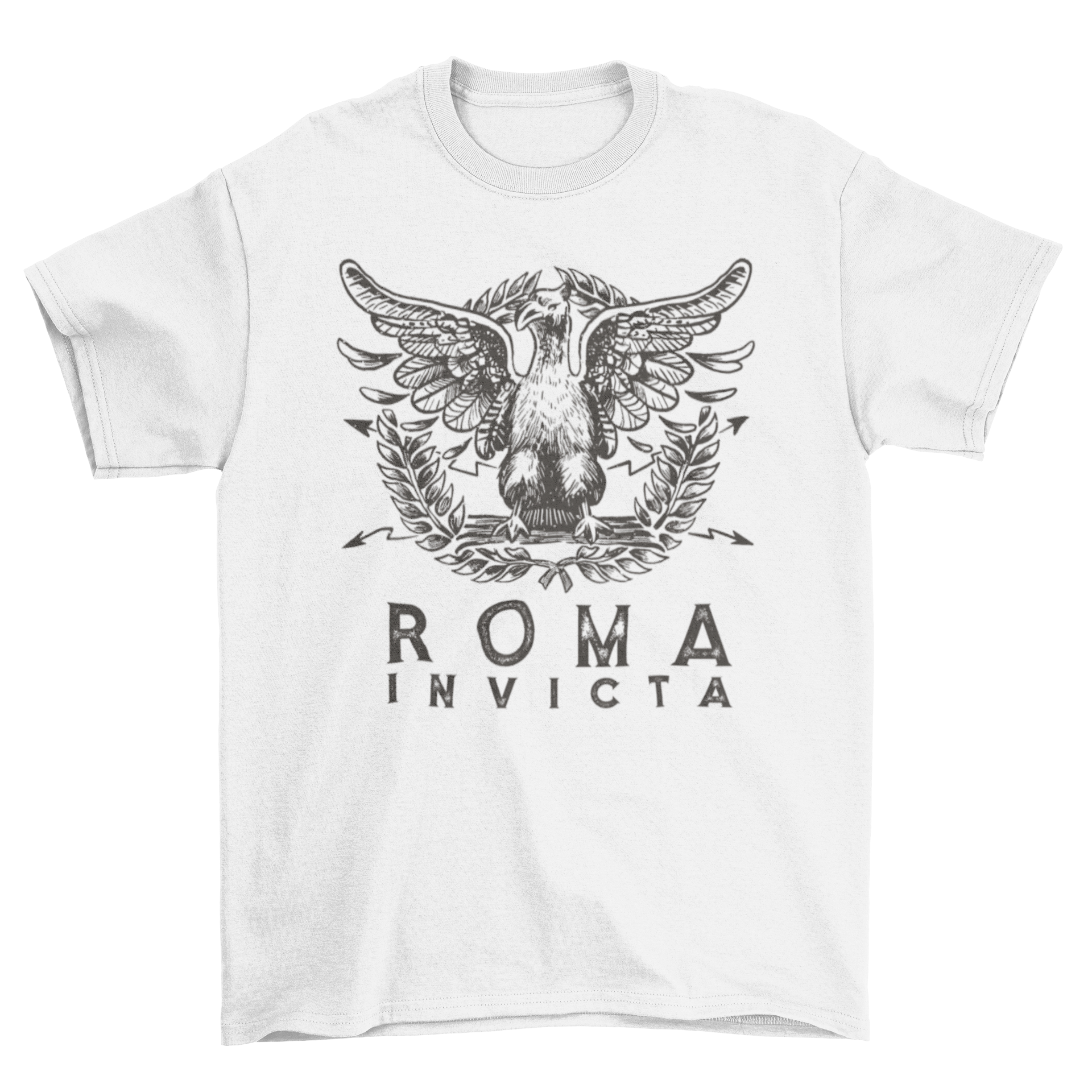 Roma invicta t-shirt featuring the Holy Roman shield and the quote 'Roma invicta' in bold lettering.